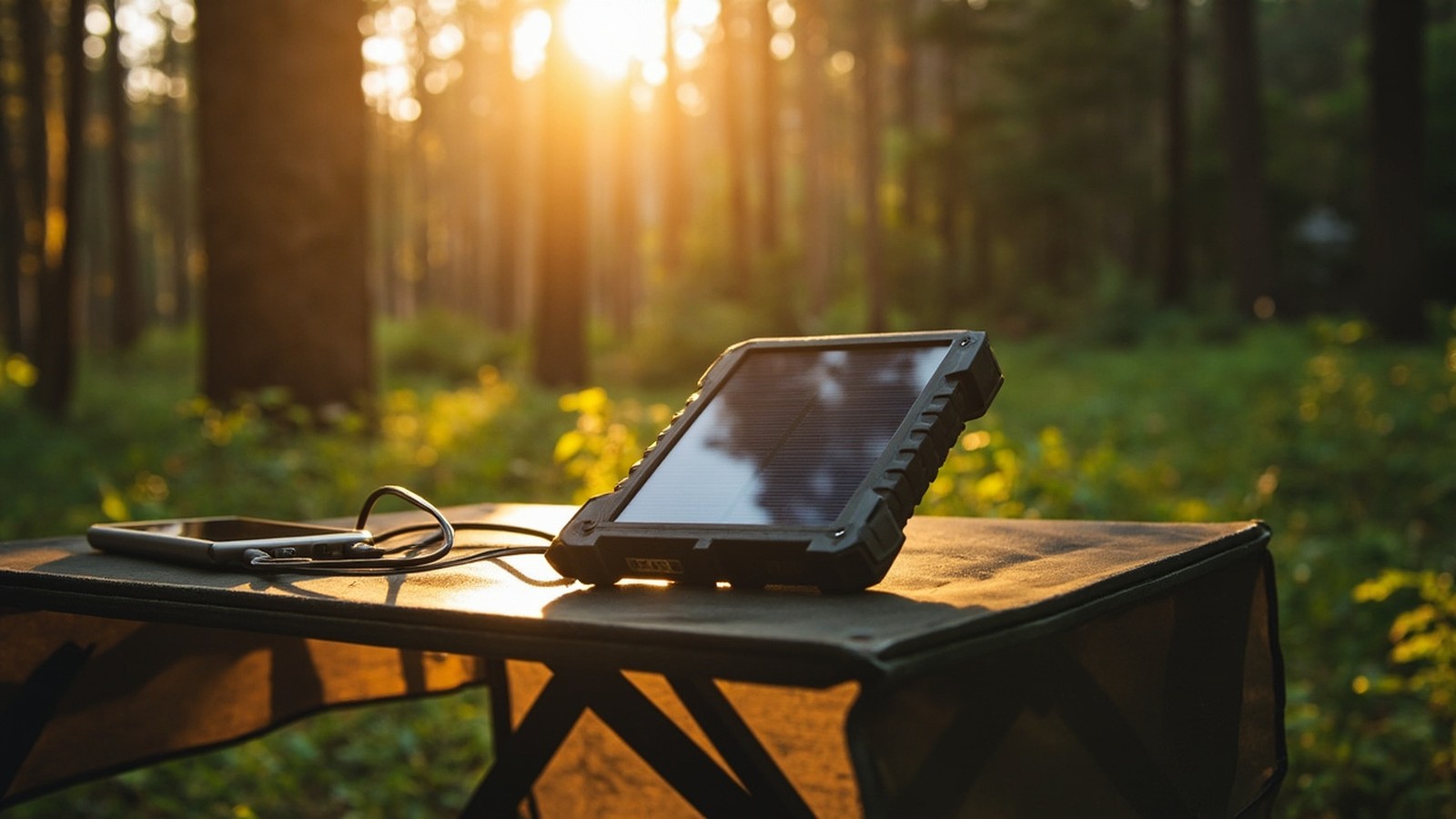 Solar power bank charging in sunlight on a camping table